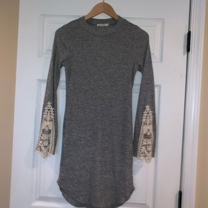Grey Sweater Dress with Lace Sleeves